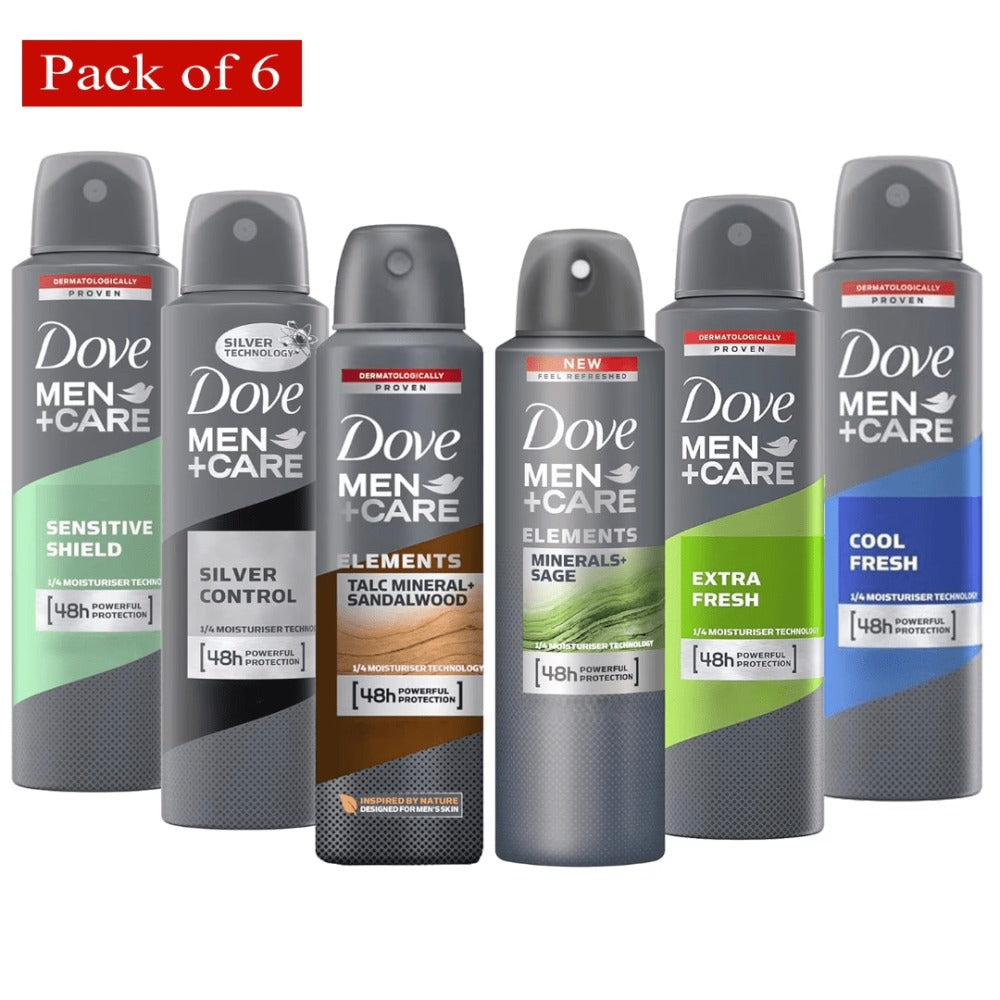 Dove Men+Care Dry Spray Antiperspirant Deodorant Pack of 6 – 150mL Each (5 fl oz), 48H Protection, Alcohol-Free, Assorted Scents, Total 30 fl oz