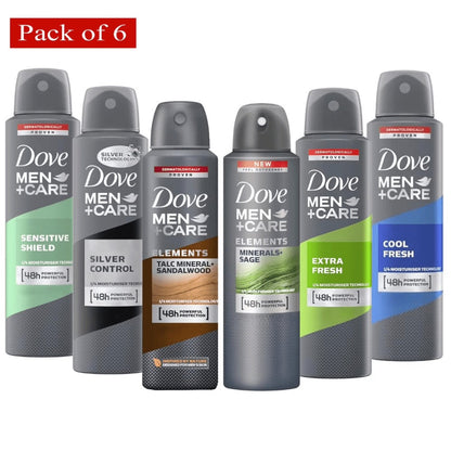 Dove Men+Care Dry Spray Antiperspirant Deodorant Pack of 6 – 150mL Each (5 fl oz), 48H Protection, Alcohol-Free, Assorted Scents, Total 30 fl oz