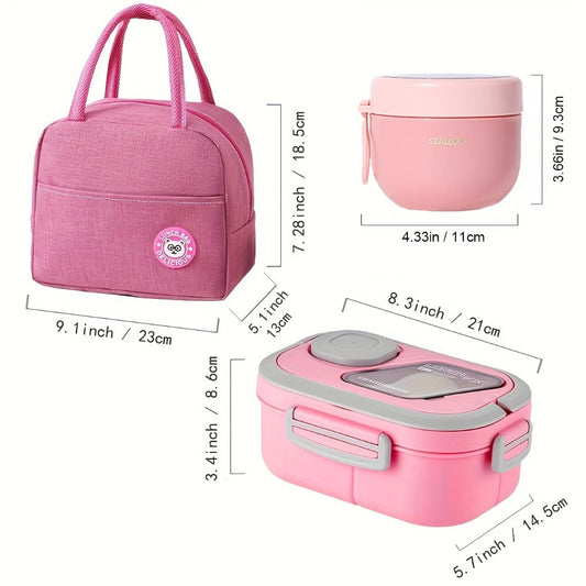 Two-Layer Bento Box Set with Multiple Compartments, Cup, Carry Bag, Cutlery and Sauce Container