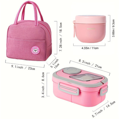 Two-Layer Bento Box Set with Multiple Compartments, Cup, Carry Bag, Cutlery and Sauce Container