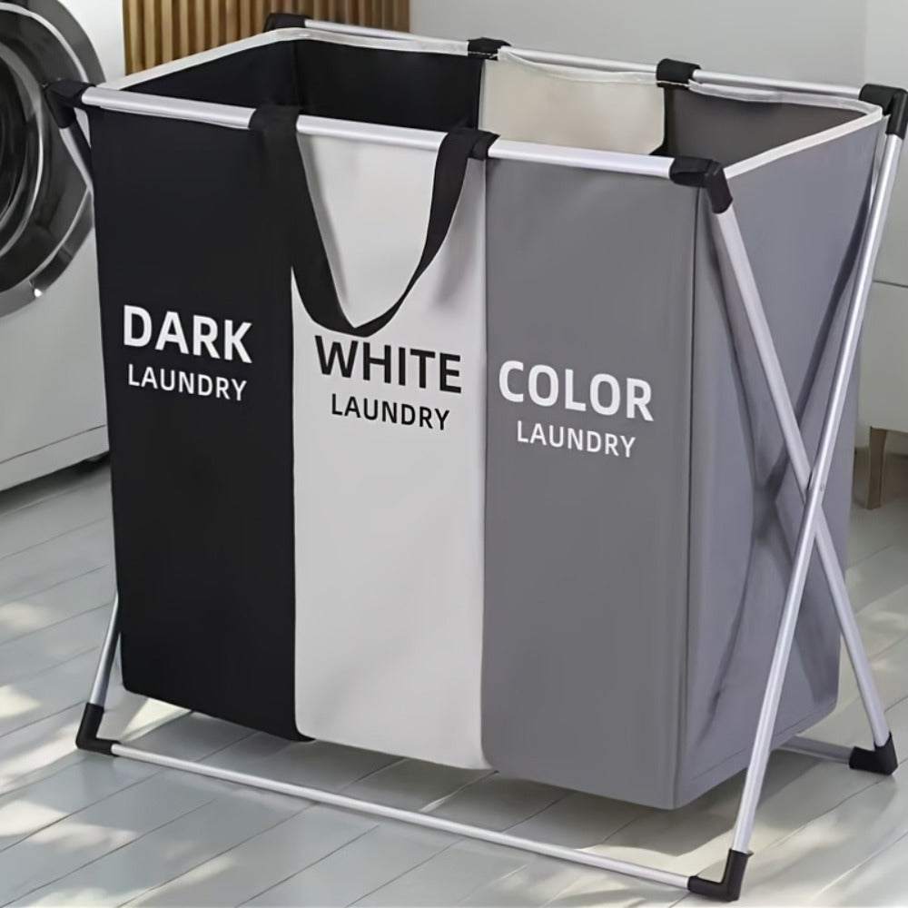 Three-Section Laundry Hamper Sorter with Black, White and Gray Oxford-Fabric Bags and Foldable Frame