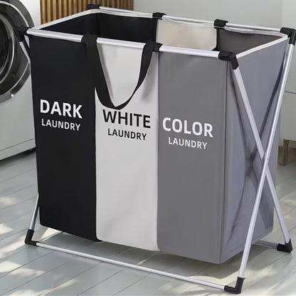 Three-Section Laundry Hamper Sorter with Black, White and Gray Oxford-Fabric Bags and Foldable Frame