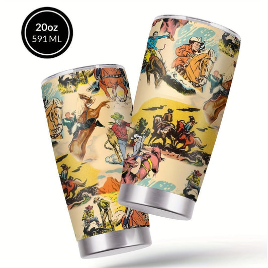 Insulated Tumbler 20oz Cowboy Western Graphic in Yellow Stainless Steel with Lid and Straw