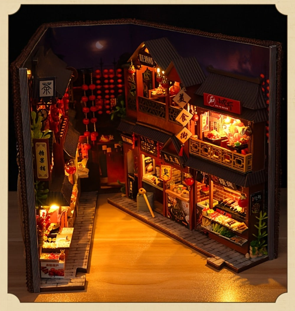 Chinese Food Street Book Nook Kit with LED-Lit Miniature Shops, Sliding Dust Cover and Wooden Shelf Insert
