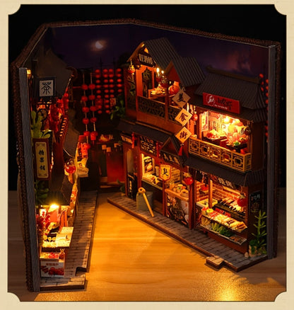 Chinese Food Street Book Nook Kit with LED-Lit Miniature Shops, Sliding Dust Cover and Wooden Shelf Insert
