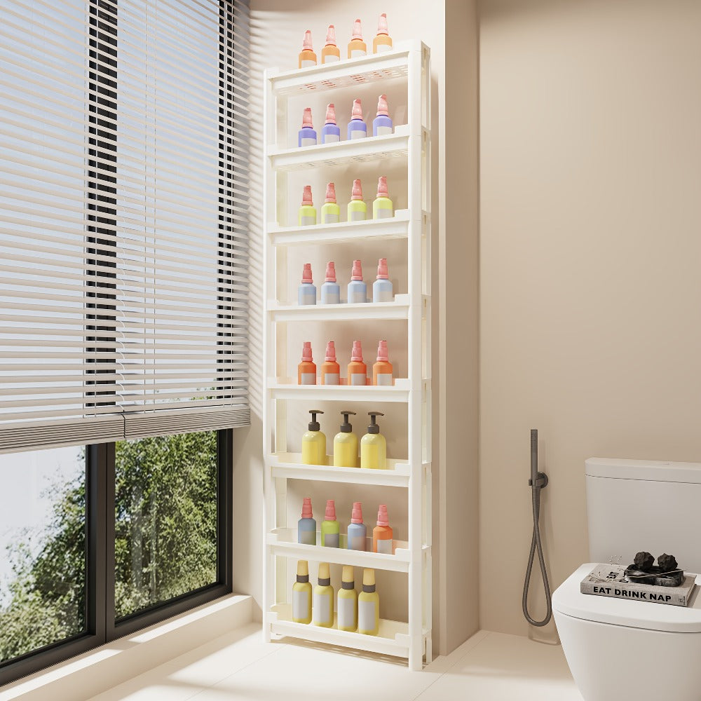 Behind Door Storage Rack, Multi-Layer Slim Organizer for Bathroom & Kitchen, Space Saving Over Door Shelf, Narrow Cabinet Rack with Fixed Hook, Plastic Stackable Storage
