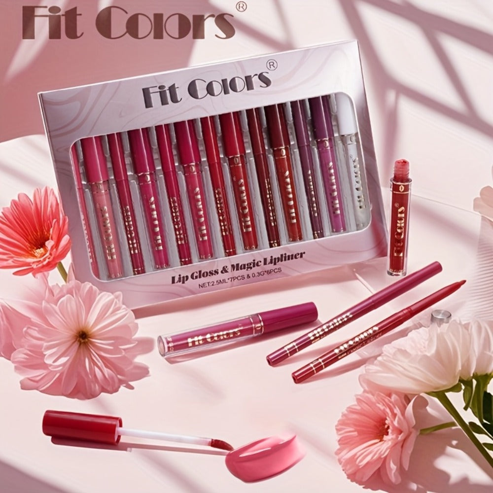 Lip Liner and Lip Gloss Kit 13 Piece Matte Non-Stick Waterproof Pigmented Long-Lasting Moisturizing Lip Glaze Combo Set for Defined Glossy Lips Women Girls