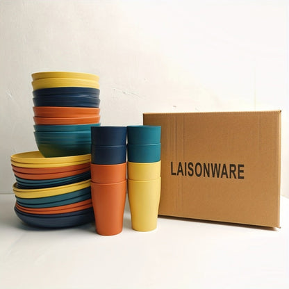 Wheat Straw Dinnerware Set 32/16pcs, Unbreakable Plastic Plates Bowls Cups, Colorful Outdoor Camping Dishes Service for 8
