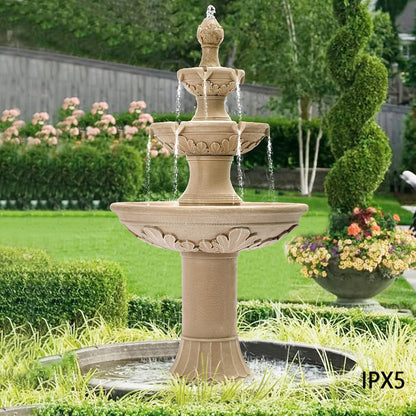 48.4 Inch Three-Tier Outdoor Water Fountain with Carved Flower Design in Three Finish Options