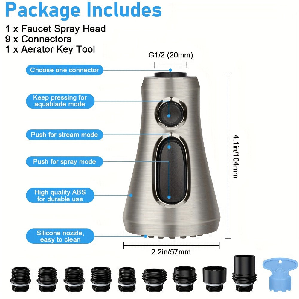 Kitchen Faucet Sprayer Head 3 Function Pull Down Replacement with 9 Adapter Kit Stream Spray Aquablade for Moen American Standard Pull Out Sink Nozzle Brushed Nickel ABS G1/2