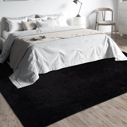 Area Rug, Black Rectangular Shaggy Microfiber Style in 4x6, 5x8, 6x9 or 8x10 Feet with Machine-Wash Care