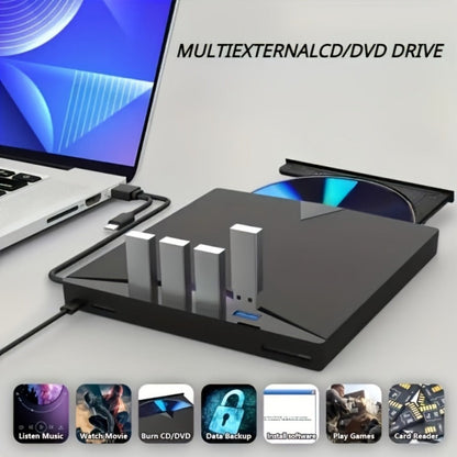 7-in-1 External DVD Drive USB 3.0 with 4 USB Ports & Dual TF/SD Card Reader - High-Speed CD/DVD Burner for Laptop Mac PC, Compatible with Windows 11/10/8/7, Linux, Plug and Play, Office Travel