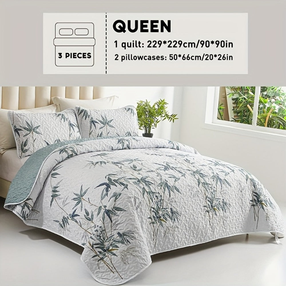 Reversible Botanical Microfiber Quilt Set with Pillow Shams, Five Patterns and Twin, Full/Queen or King Sizes