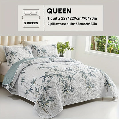 Reversible Botanical Microfiber Quilt Set with Pillow Shams, Five Patterns and Twin, Full/Queen or King Sizes