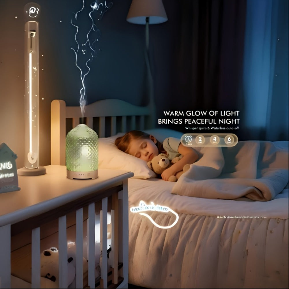 200ml Essential Oil Diffuser with Textured Glass-Style Cover, Seven-Color Light and 2H, 4H or 6H Timer