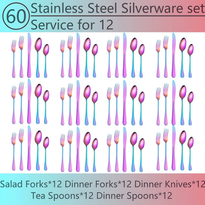 20- or 60-Piece Flatware Set in Silver, Gold or Rainbow Finish with Five-Piece Place Settings