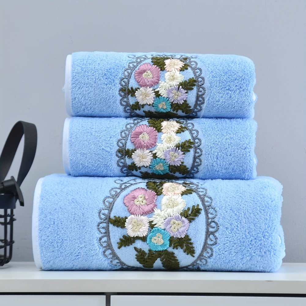 Towel Set 3-Piece Embroidered Flower Bath and Face Towels in White, Blue, Pink or Gray for Home and Guest Use