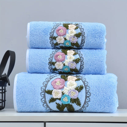 Towel Set 3-Piece Embroidered Flower Bath and Face Towels in White, Blue, Pink or Gray for Home and Guest Use