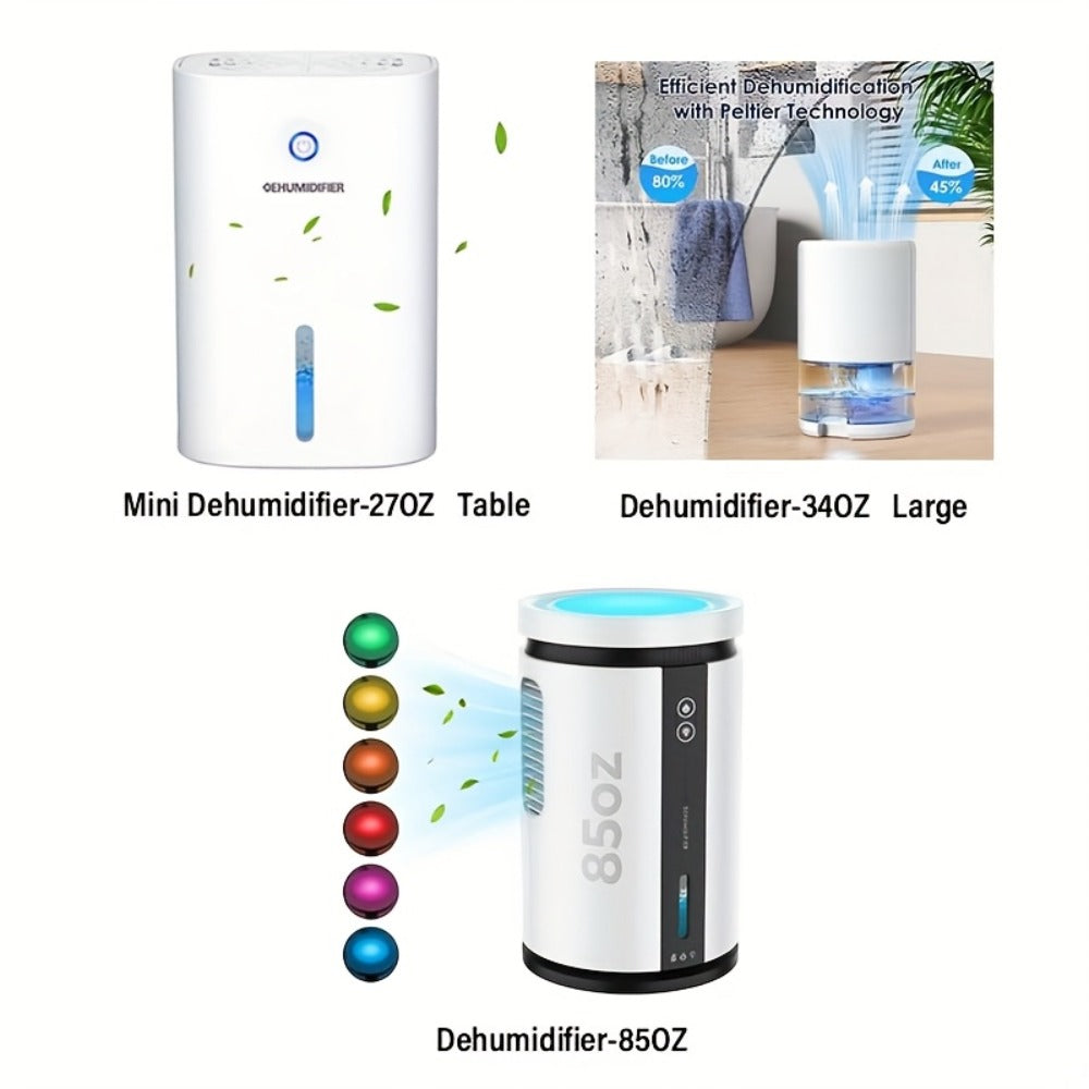 Compact 27-Ounce Peltier Dehumidifier with One-Button Control, Water-Level Window and Full-Tank Shutoff