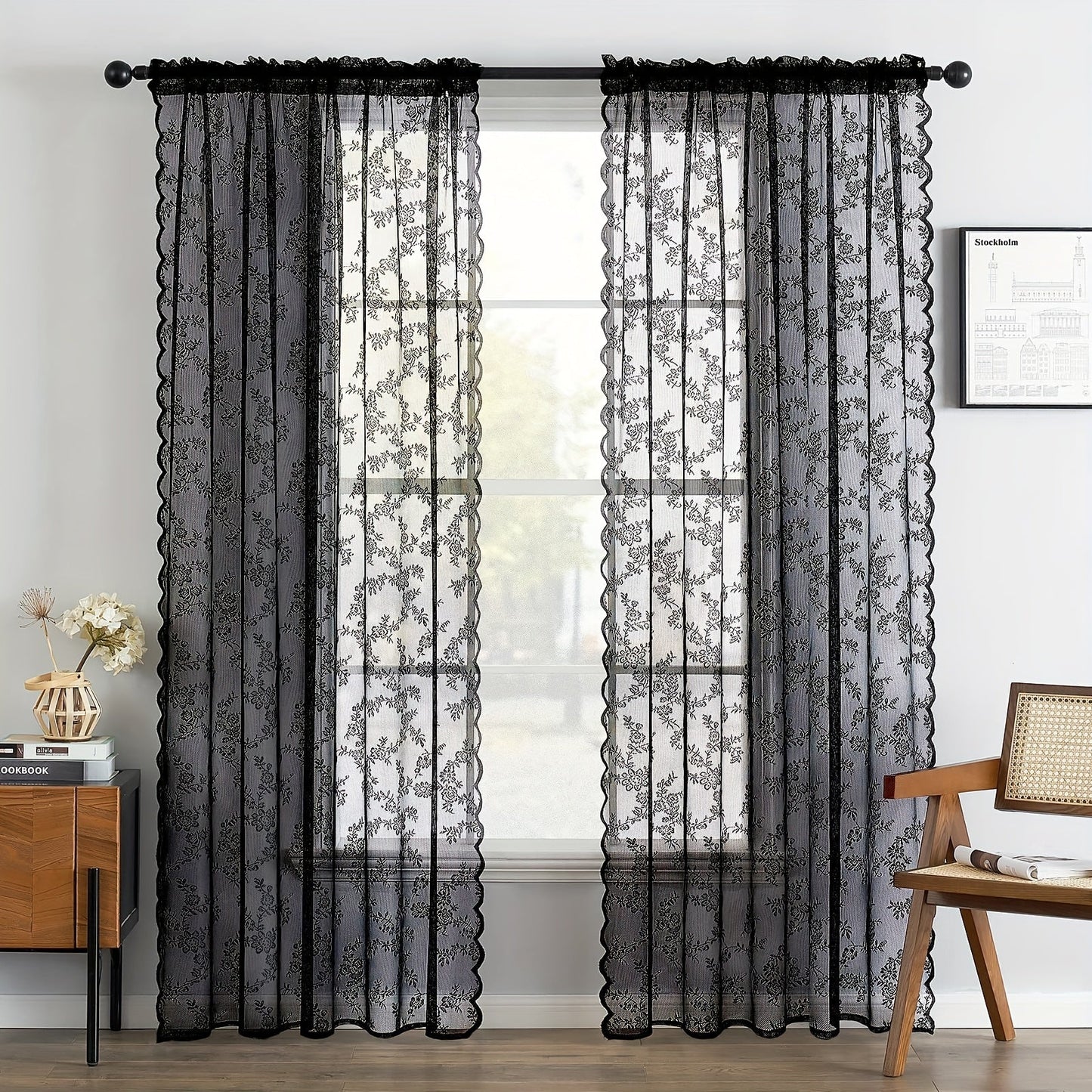Two-Panel Floral Lace Window Curtain Set with Rod-Pocket Top, Three Colors and Six Metric Size Options