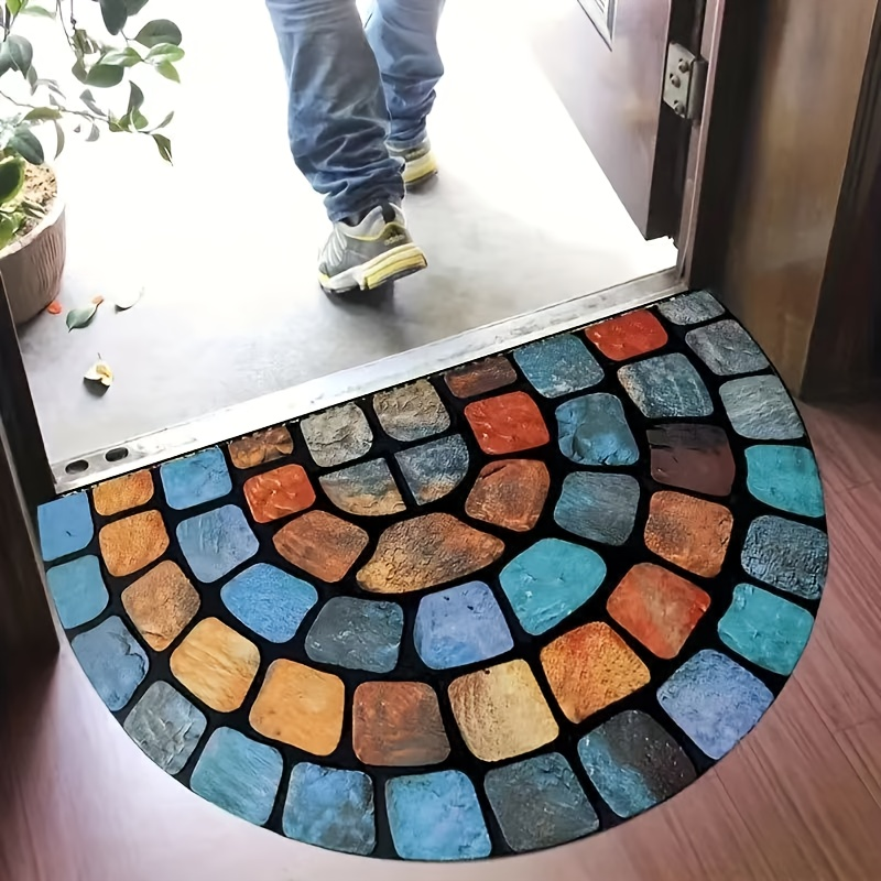 Half-Round Mosaic Bath Mat in Blue or Yellow Microfiber, 16 x 24 and 20 x 32-Inch Size Options