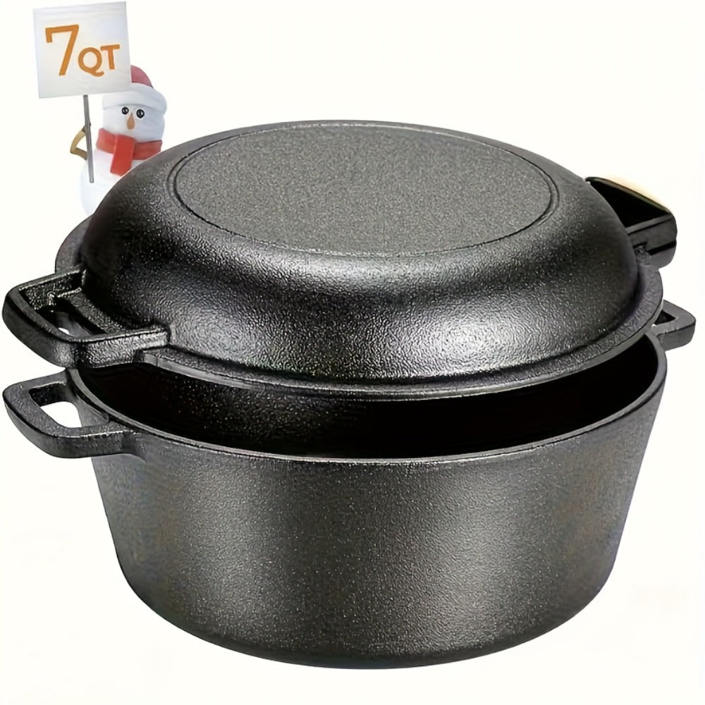 Cast Iron Dutch Oven Set 5.1QT & 7QT with Skillet Lid – Pre-Seasoned 2-in-1 Cookware for Stovetop, Induction, Oven, Campfire & BBQ, Sourdough Bread Baking, Frying, Camping