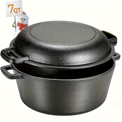 Cast Iron Dutch Oven Set 5.1QT & 7QT with Skillet Lid – Pre-Seasoned 2-in-1 Cookware for Stovetop, Induction, Oven, Campfire & BBQ, Sourdough Bread Baking, Frying, Camping