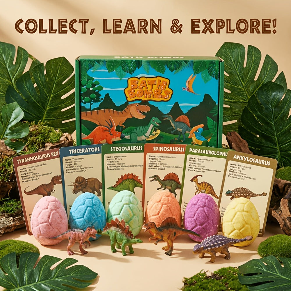 Dinosaur Bath Bombs for Kids with Hidden Toy Inside 6 Pack — Fizzy Colorful Bath Balls with Collectible Dino Surprise | Safe for Sensitive Skin | Fun Bath Gift for Boys & Girls Birthday Easter Holiday