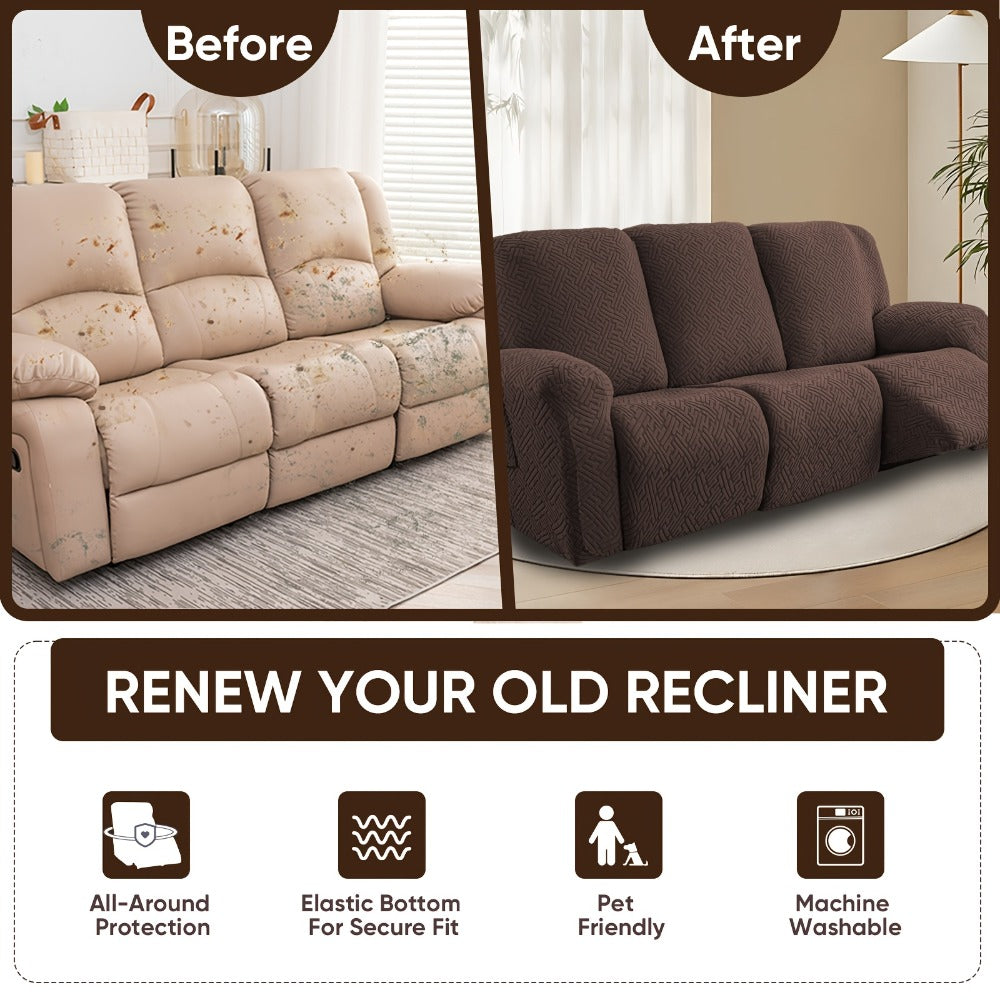 Slipcover Set, Eight-Piece Jacquard Stretch Cover for Three-Seat Recliner with Side Pocket in Nine Colors
