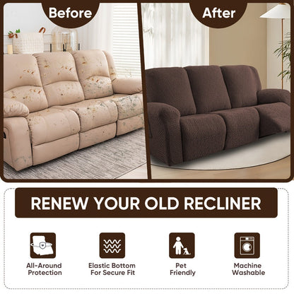 Slipcover Set, Eight-Piece Jacquard Stretch Cover for Three-Seat Recliner with Side Pocket in Nine Colors