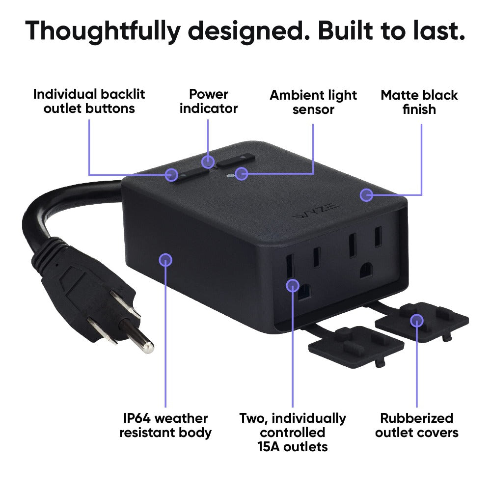 Wyze Outdoor Smart Plug Dual Independent Outlets – WiFi, Energy Monitoring, Built-in Light Sensor, 300ft Range, Works with Alexa & Google, IFTTT, Vacation Mode, No Hub, Weatherproof (Black)