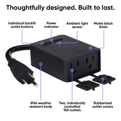 Wyze Outdoor Smart Plug Dual Independent Outlets – WiFi, Energy Monitoring, Built-in Light Sensor, 300ft Range, Works with Alexa & Google, IFTTT, Vacation Mode, No Hub, Weatherproof (Black)