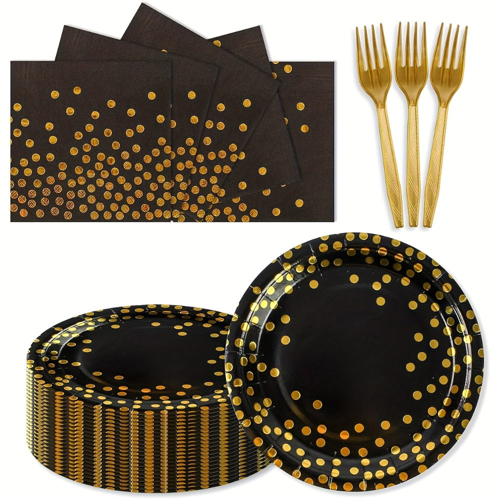 150-Piece Black and Gold Disposable Party Tableware Set with Place Settings for 50 Event Guests