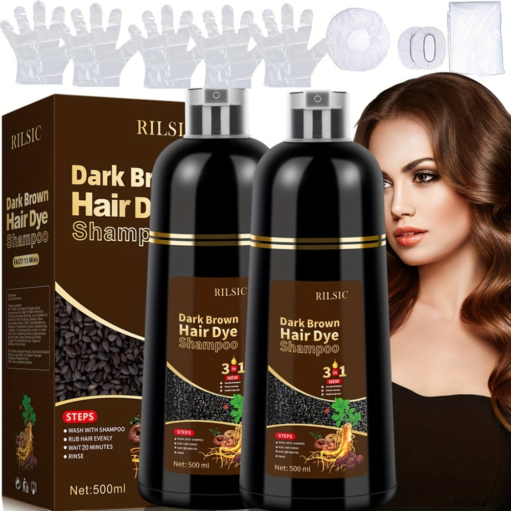 Hair Color Shampoo, RILSIC 3-in-1 Two-Pack of 500ml Pump Bottles with Black or Dark Brown Selection