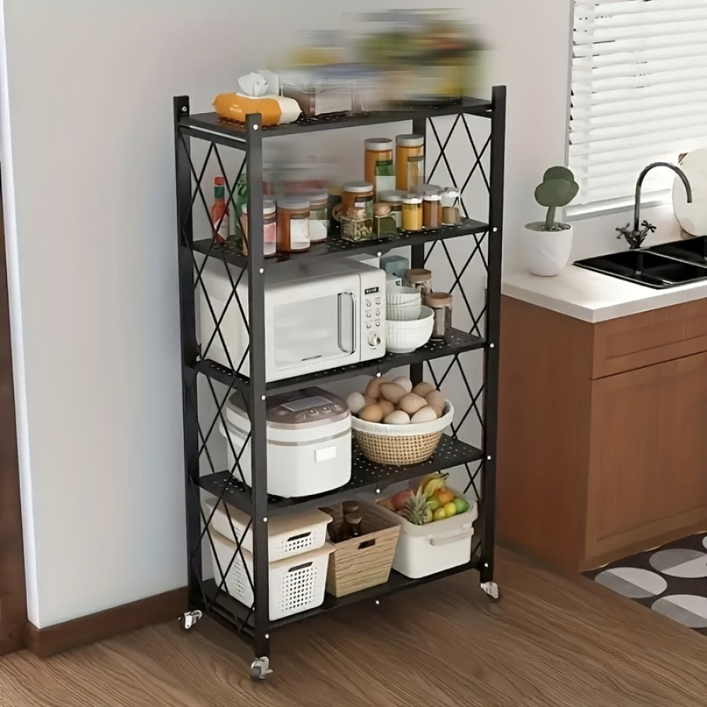 Three-to-Five-Tier Wheeled Storage Rack with Foldable Shelves and Black or White Configurations