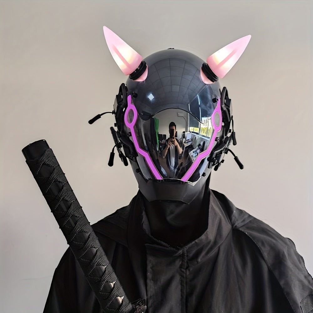 Pink LED Cyberpunk Costume Mask with Horned Full-Face Helmet, Reflective Visor and Lighted Accent Lines