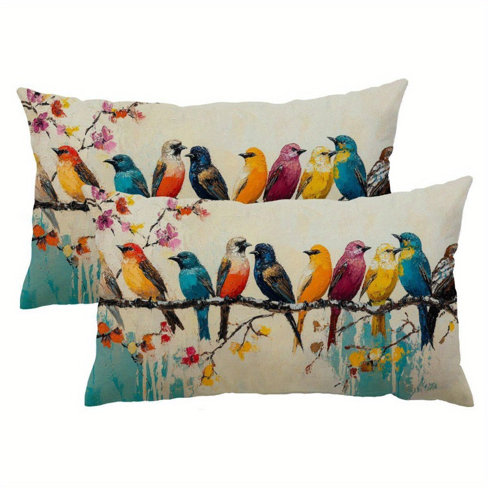Watercolor Bird Lumbar Pillow Covers, 12 x 20-Inch Cases with Zippers in One- or Two-Piece Packs