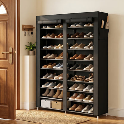 Shoe Rack 9-Tier Portable Double-Row Organizer for Up to 42 Pairs with Black Nonwoven Fabric Cover