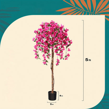 Faux Potted Bougainvillea Tree 5ft Artificial Indoor Plant with Pink Flowers Wood Trunk for Living Room Office Entryway Home Decor Housewarming Gift