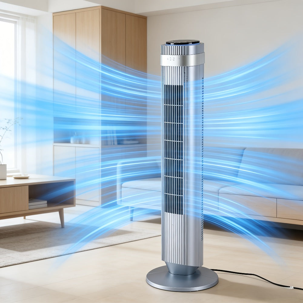 Floor-Standing Tower Fan with Circular LED Display, 7.68-Inch Base and Black, White or Gray Finish