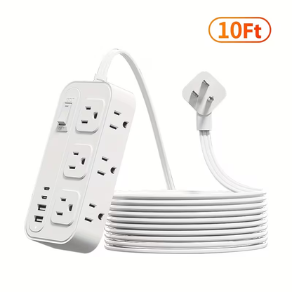 Power Strip Flat Plug with 6 AC Outlets, 2 USB-A, 2 USB-C and 3-Inch, 5-Foot or 10-Foot Cord Options