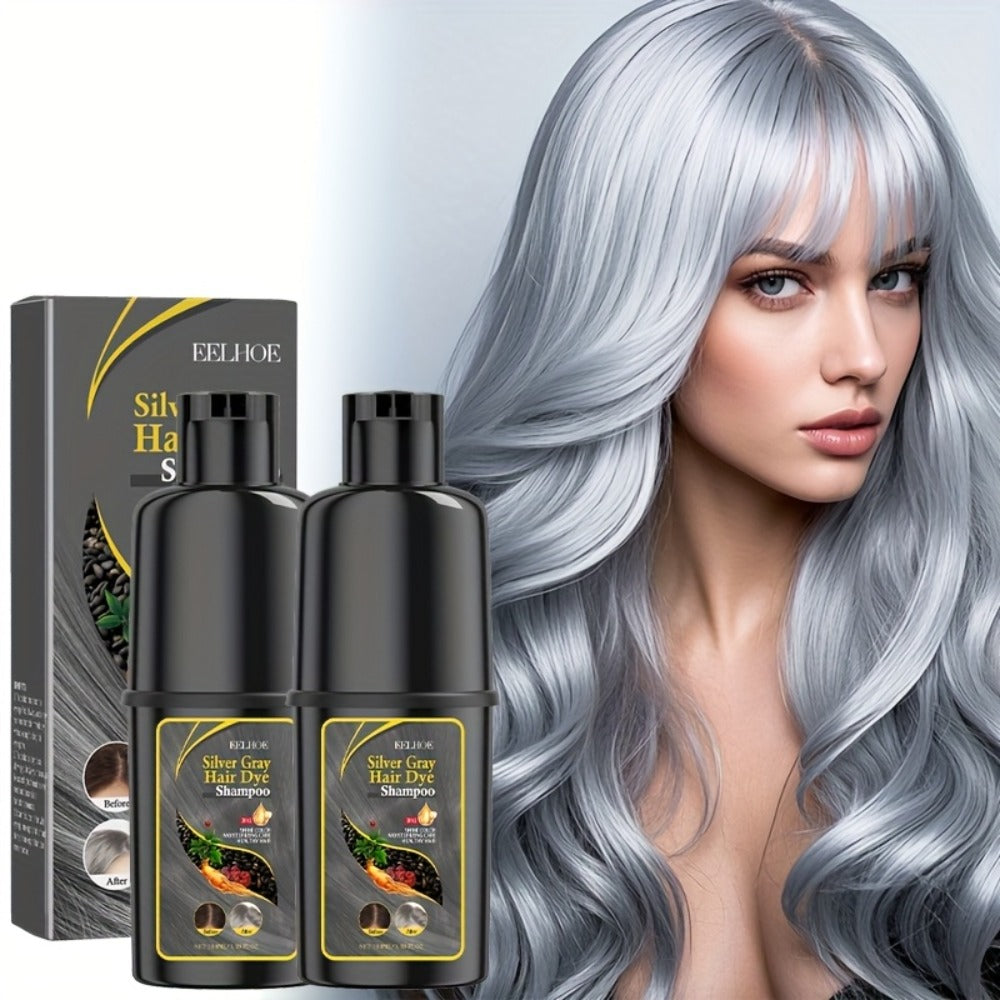 Silver Gray Hair Color Shampoo 2-Pack 3.38oz Each – Natural Herbal Moisturizing & Nourishing Formula, Easy No-Mix Silver Coverage, Long-Lasting Results for Gray & White Hair, Men & Women
