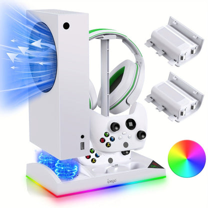 Xbox Series S Cooling Stand RGB with 15 Colorful Lights, Dual Controller Charging Station & Cooler Base – Includes 2x 1400mAh Rechargeable Batteries, Upgraded Fan Cooler for Xbox Series S Console