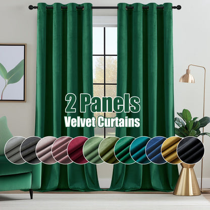 Velvet Room Darkening Curtains 2 Panels | Grommet Top Thermal Insulated Soundproof Blackout Curtains for Living Room Bedroom, Soft Solid Color Vintage Window Drapes