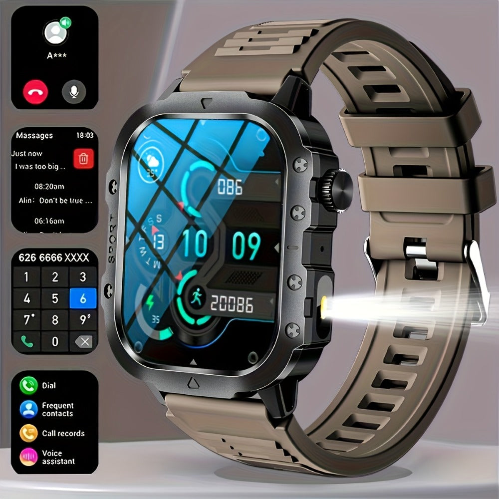 LED Flashlight Outdoor Smartwatch 2.01" Large Screen – Multi-Sport Modes, Long Battery Life, Message Alerts, Fitness Tracker – Rugged Adventure Watch Black Brown Android & iPhone