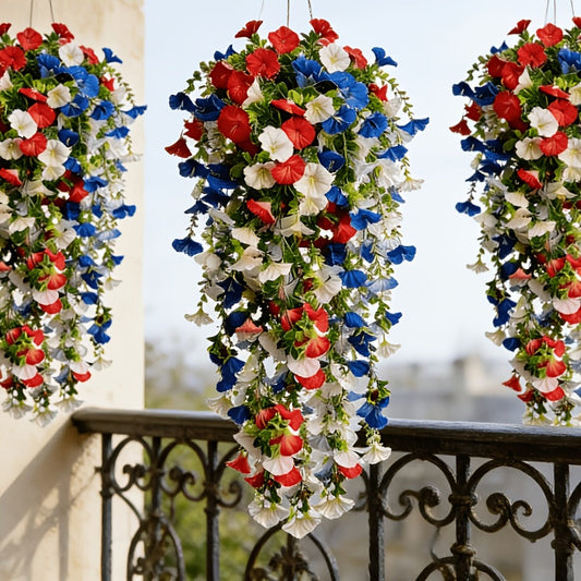 Artificial Flowers Six-Piece Hanging Morning Glory Vine Set in Red White and Blue for Seasonal Decor