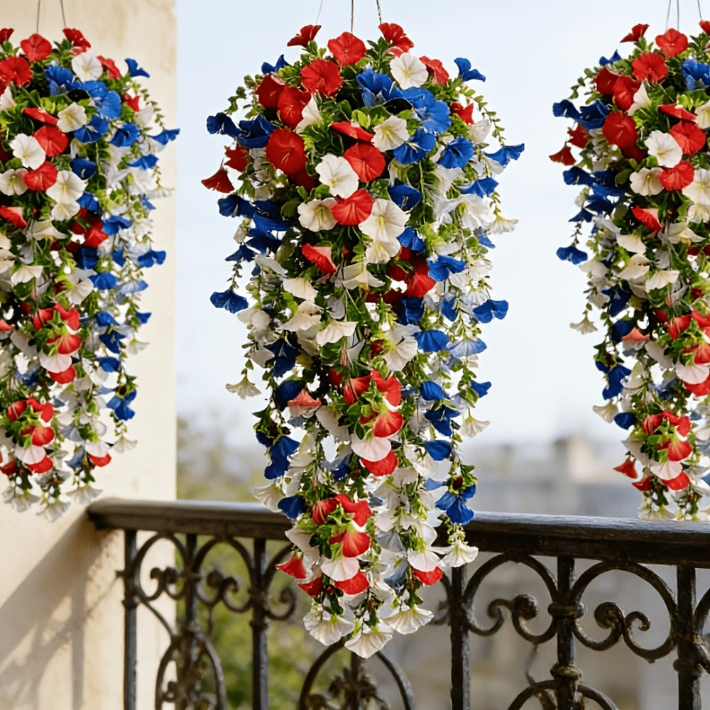 Artificial Flowers Six-Piece Hanging Morning Glory Vine Set in Red White and Blue for Seasonal Decor