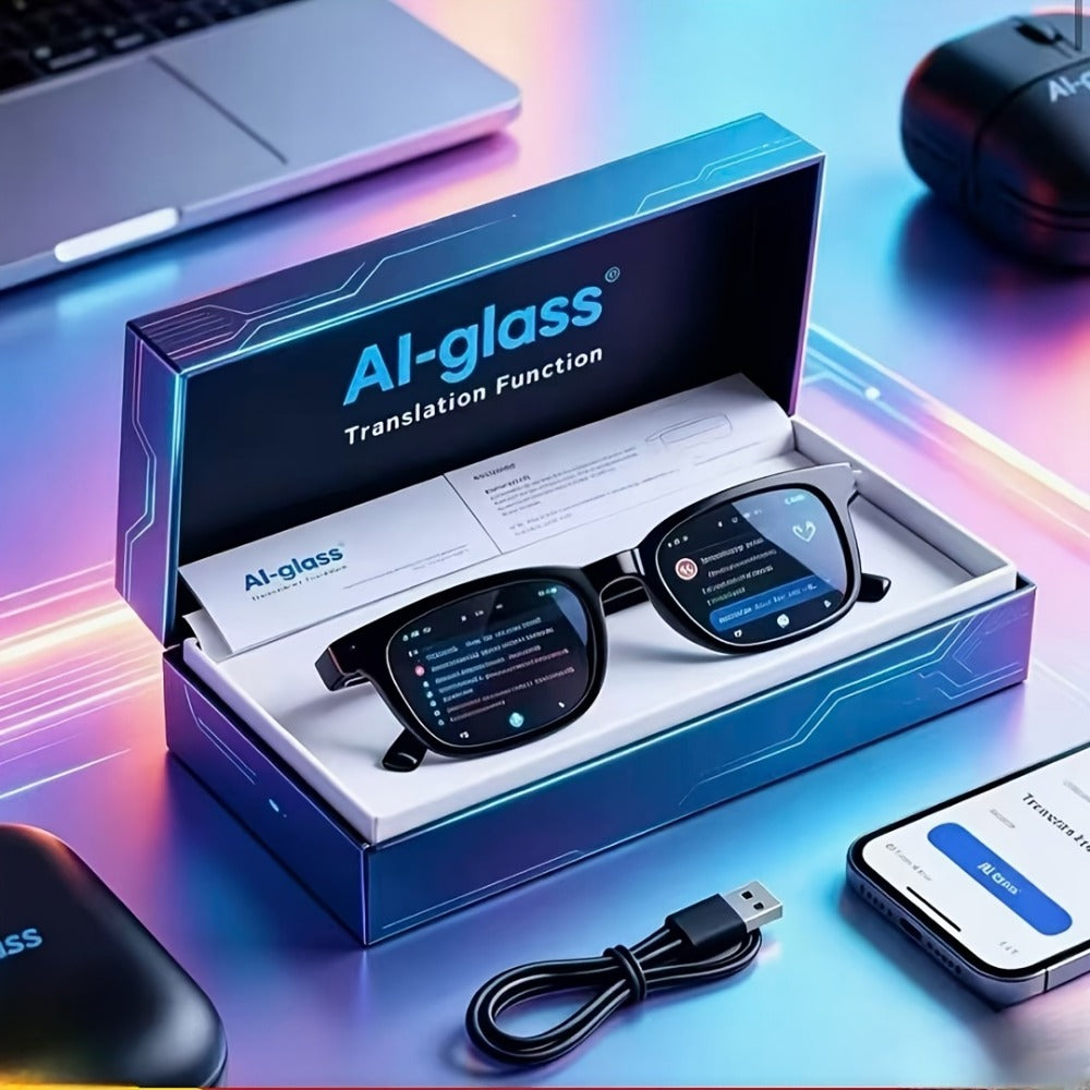 AI Translation Glasses with Real-Time Interpreter & Meeting Notes Summary – High-Speed WiFi, Smart Earphones, Stylish Glass Lens Wearable AI Device for Business Travel Multilingual Professionals