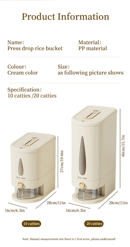 Food Storage Container Press-Button Rice Dispenser with Measuring Cup and 11lb or 22lb Capacity Options