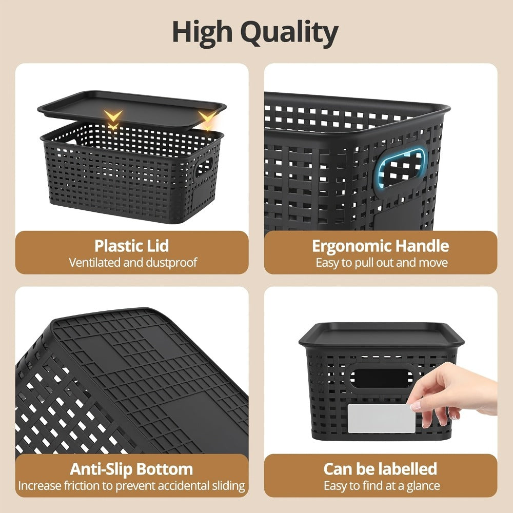 Storage Organizer Bins with Lids 4/8 Pack | Space-Saving Stackable Boxes 10"x7"x4" for Shelves, Closet & Desk - Declutter Bins for Dorm, Playroom & Office with File Organizer Bag, White Black Gray Red